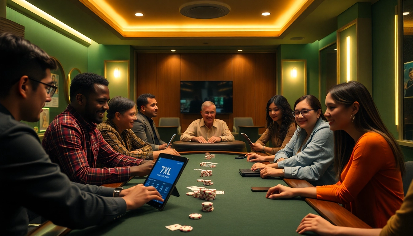 סצנת פוקר מרתקת המדגימה שחקנים מגוונים המשתמשים בפלטפורמת 7xl סוכן, ולוכדת את ההתרגשות ואת הנגישות של המשחקים המקוונים.