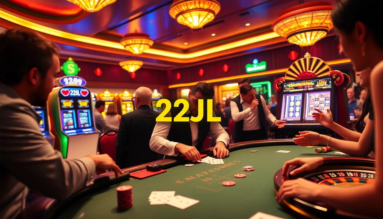 A vibrant casino scene showcasing 22JL brand elements with players engaged in thrilling card games.