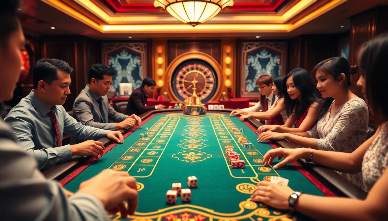 Experience the thrill of Luckywin Tài Xỉu as players engage in this dynamic gambling game with vibrant chips and dice.