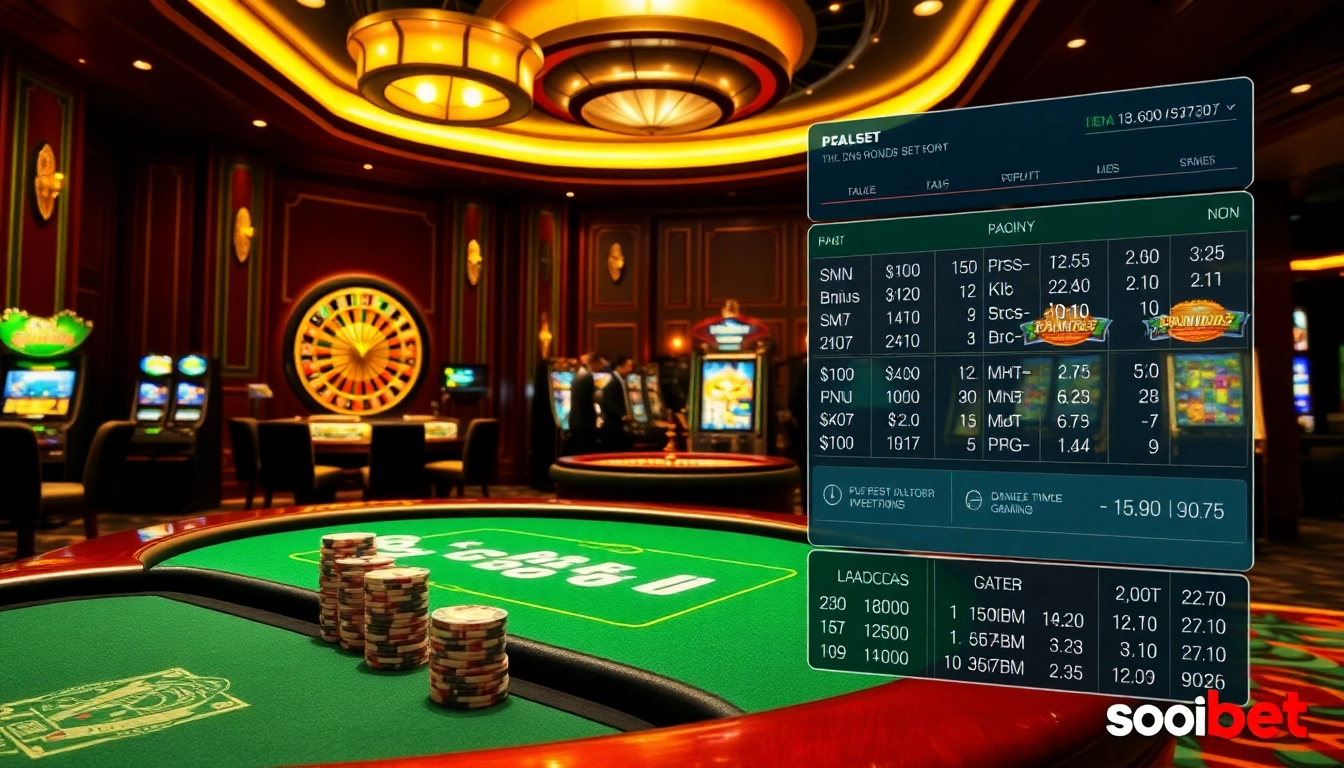 Players enjoy a lively poker game at soibet, showcasing luxury casino interiors with vivid slot machines.