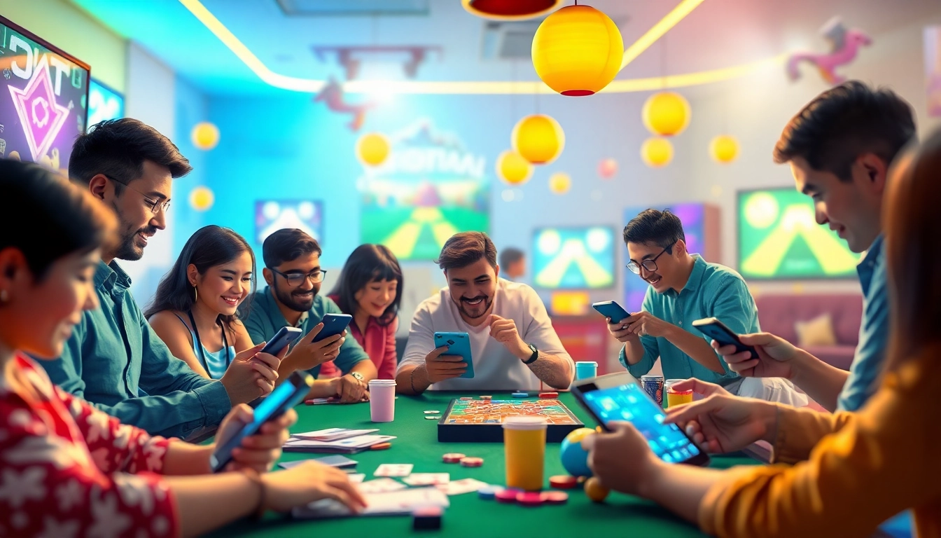 Engaged players enjoying Yono Games on mobile devices in a vibrant gaming environment.