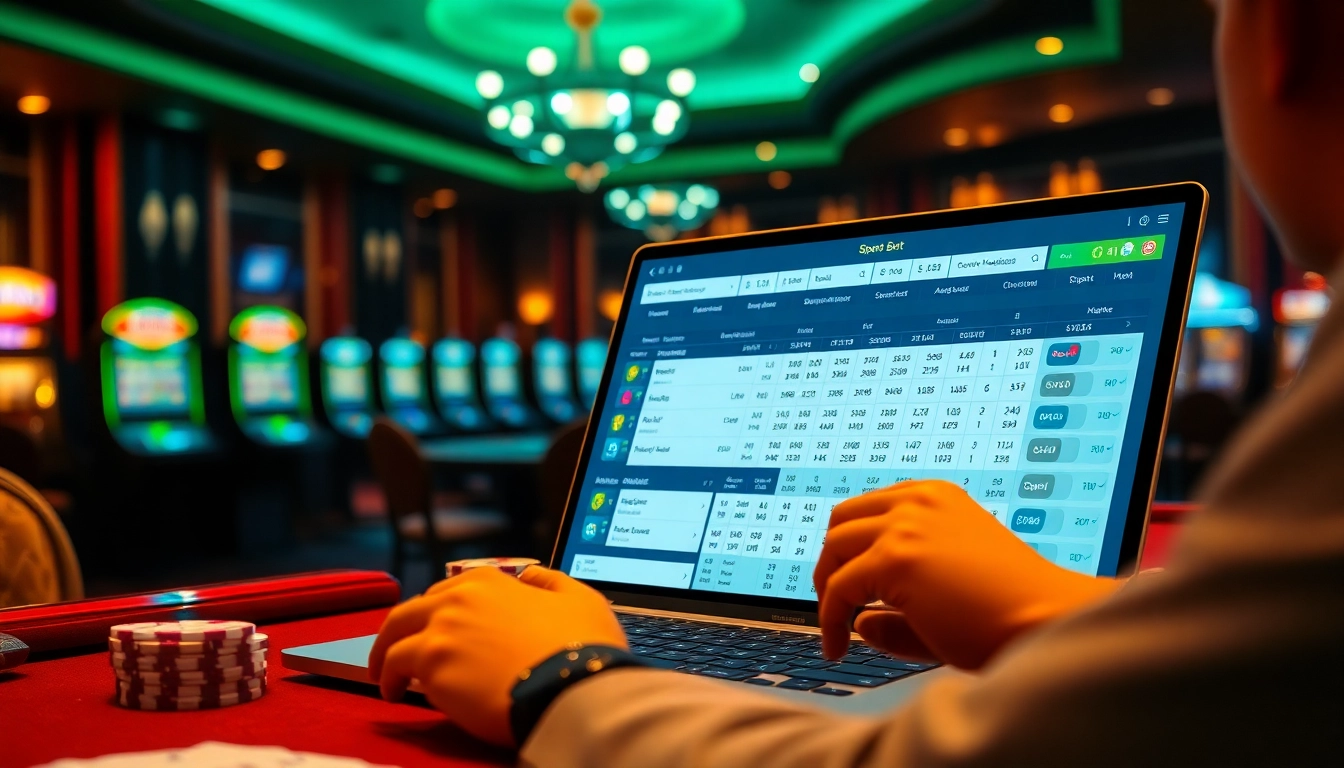 Engaging in สมัครแทงบอล with online betting slips and a sophisticated interface amid a luxurious casino backdrop.