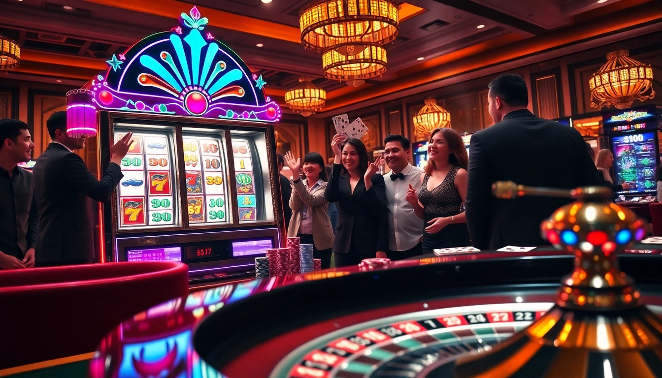 Players enjoying the vibrant slot apiraja88 machine in a luxurious casino setting.