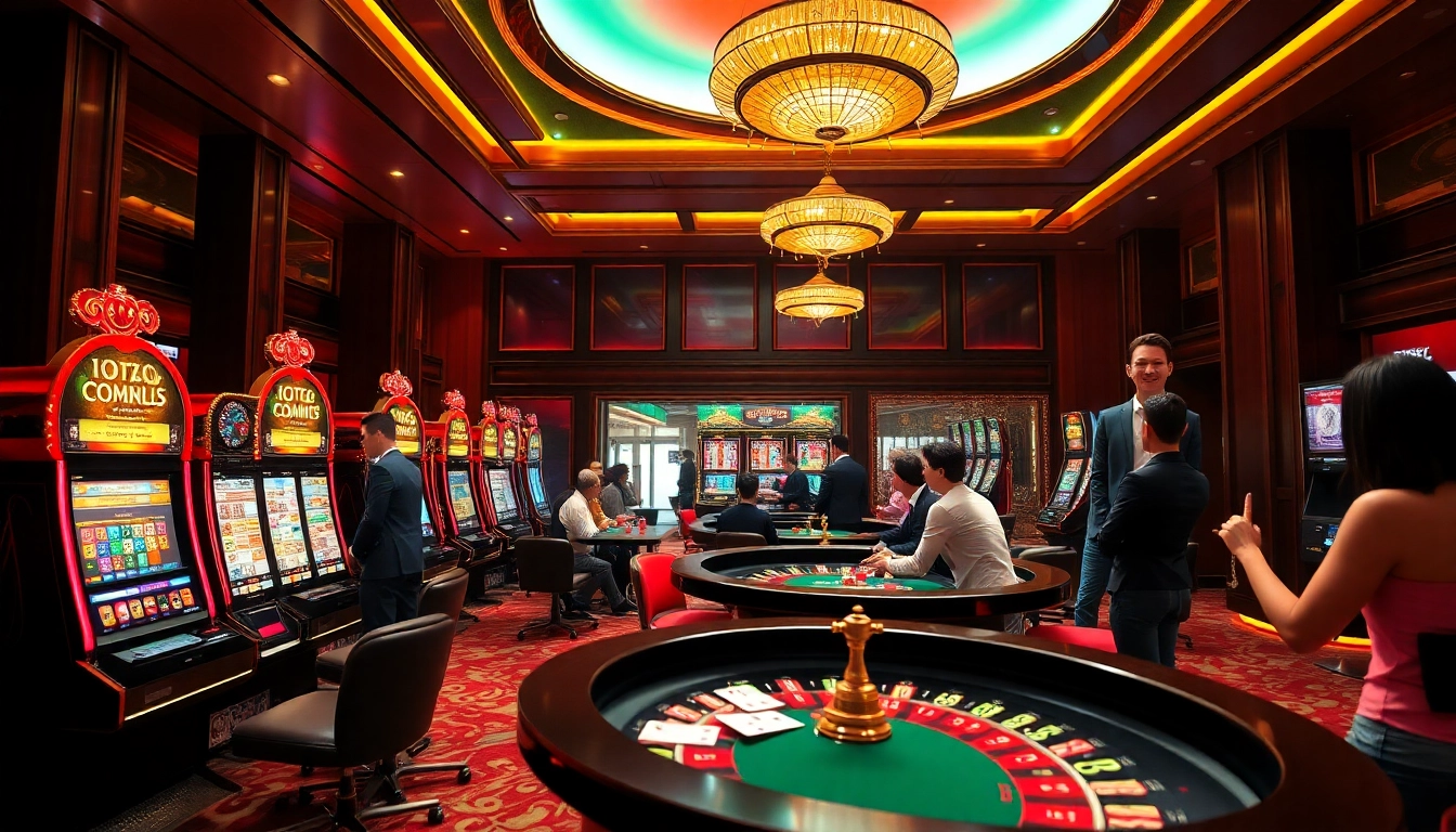 Excited gamblers enjoying games at a vibrant casino with 5Z777 elements, capturing the thrilling atmosphere.