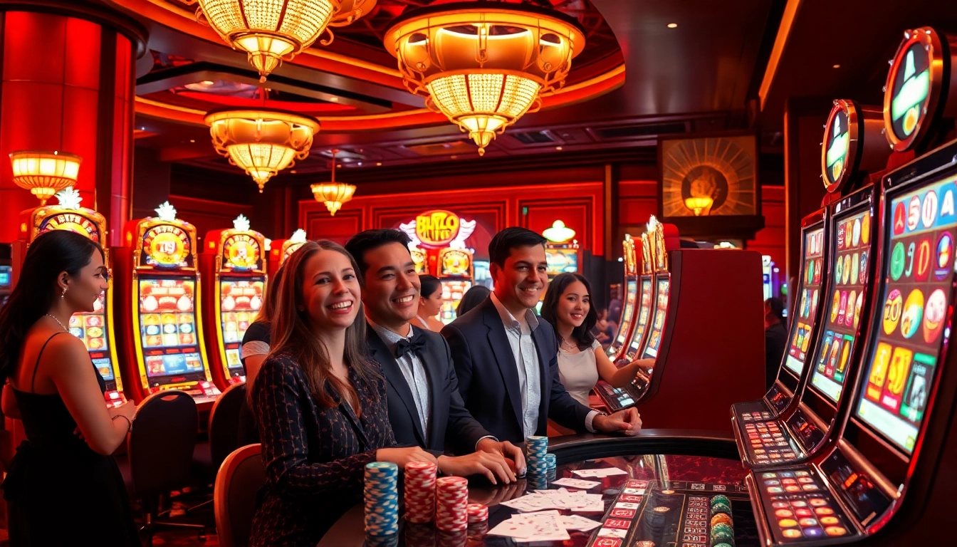 Players enjoying vibrant slot gacor machines in a luxurious casino setting with poker chips and roulette wheels.
