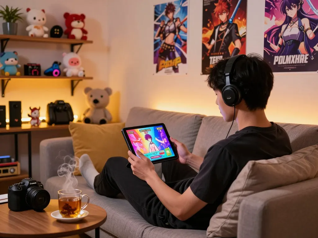 Player experiencing immersive porngames on a tablet in a cozy gaming room filled with vibrant decorations.