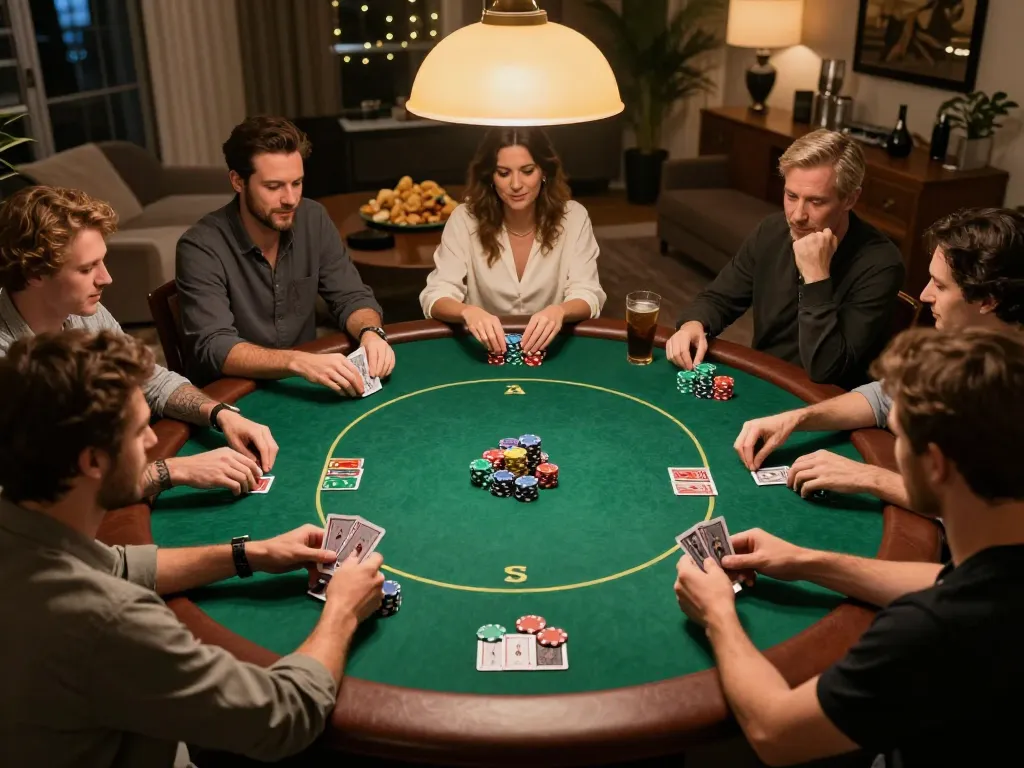 Experience the excitement of an oli4d poker game night with friends, showcasing cards and chips in an engaging setting.