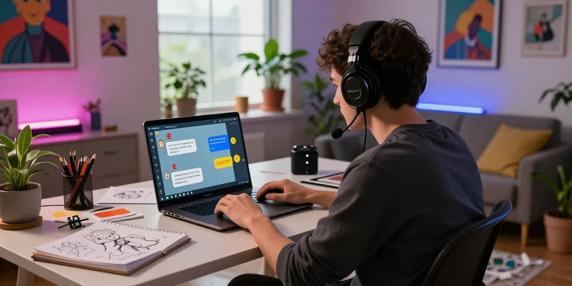 Engaged in ai roleplay at a stylish home office with animated chat interface and creative accessories.