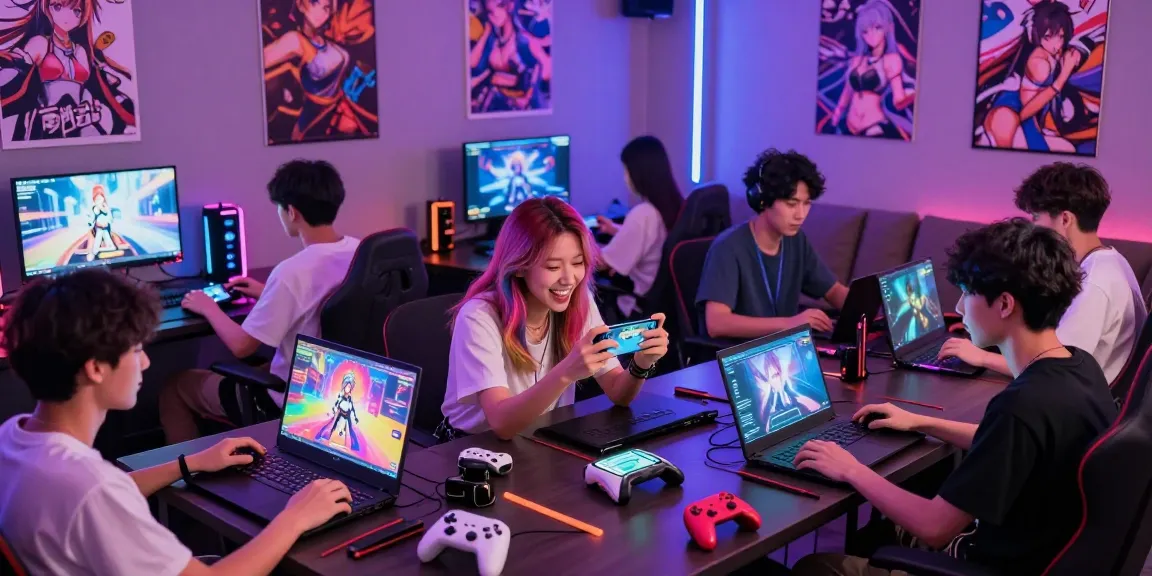 Young adults enjoying different hentai games on devices in a lively gaming lounge.
