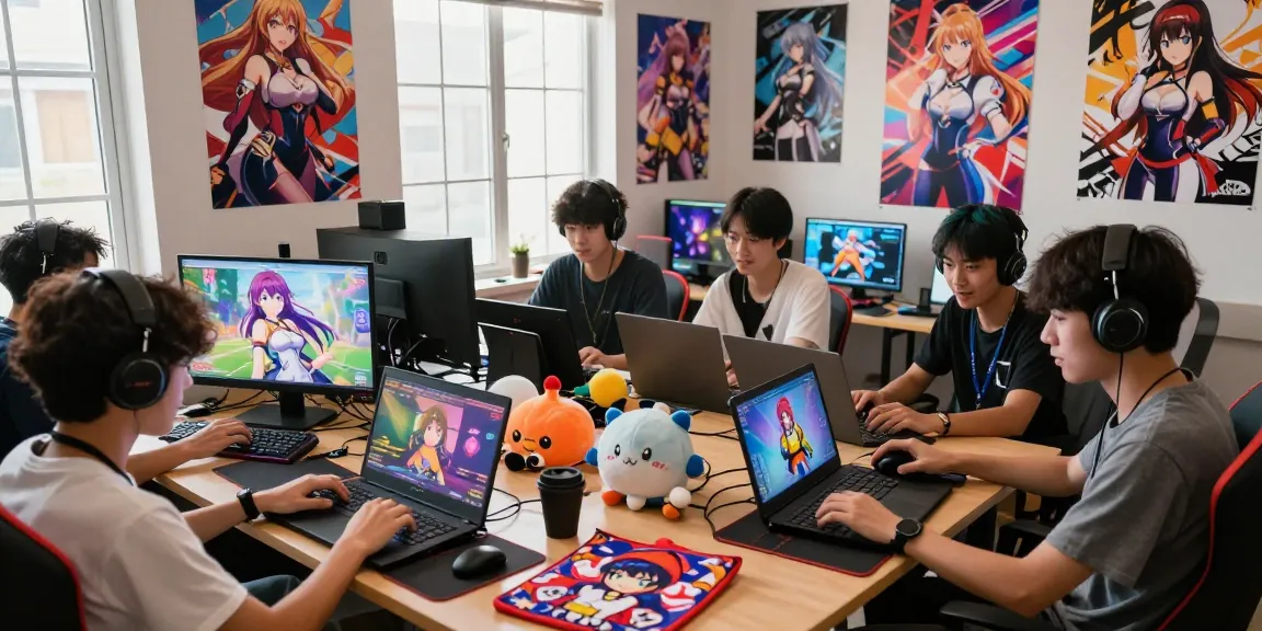 Engaged players enjoying a hentai game on laptops and tablets in a colorful gaming room.