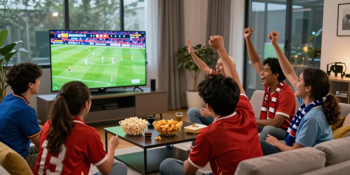 Friends enjoying koora live football match in a vibrant living room